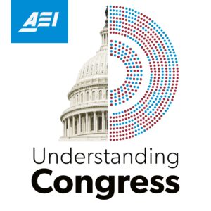 Logo for the Understanding Congress podcast. The image has half of the capital building on the left with a half circle of red and blue dots (representing the seats of congress) on the right